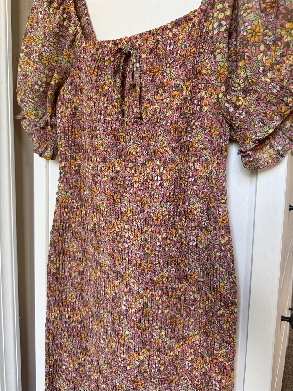 Floral Smocked Short Dress with Puff Sleeves - Pink Floral